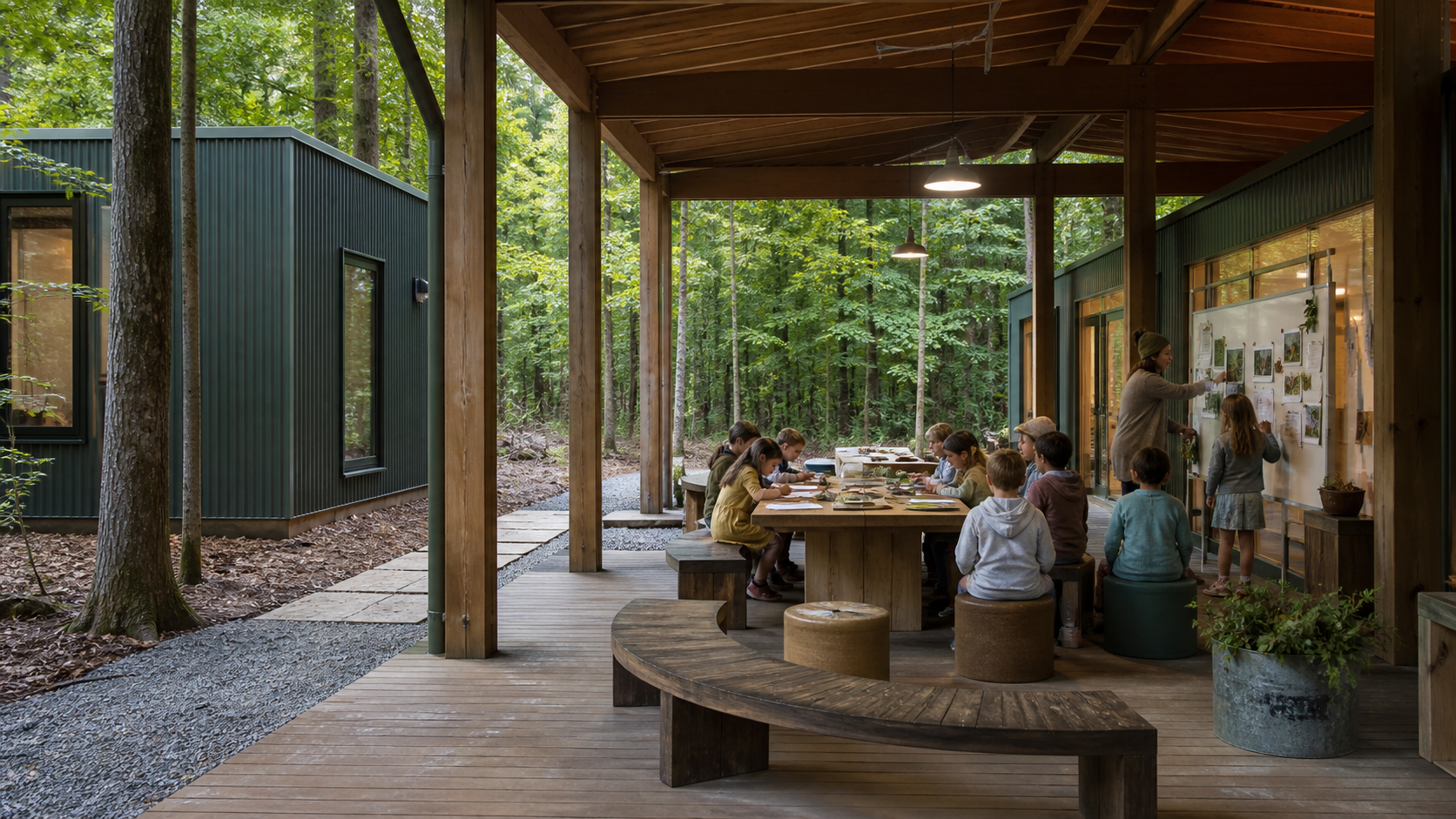 Children learning together in an outdoor classroom in the woods